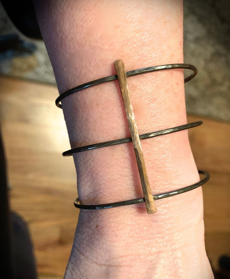 Oxidized Sterling Silver Gold Line Cuff Cage Bracelet