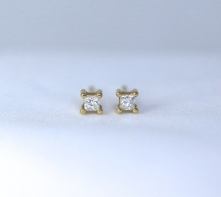14K Gold Tiny Princess Diamond Stud Earrings