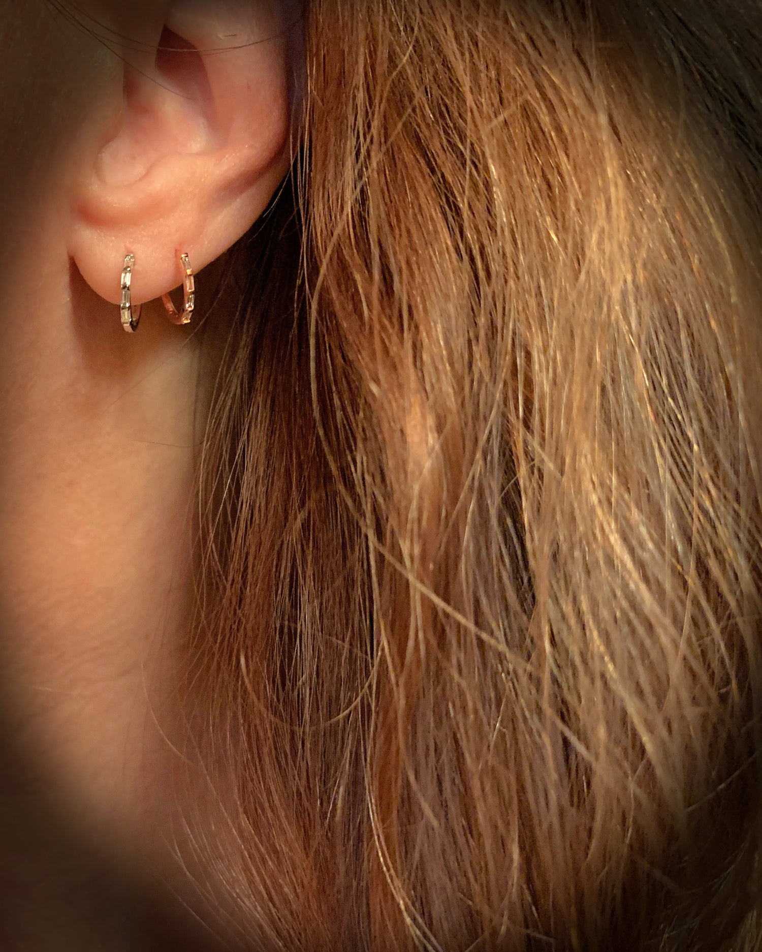 Tiny 14K Gold Baguette Diamond Huggie Hoop Earrings | Avie Fine Jewelry