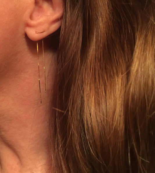 Stitched 14K Gold Double Bar Ear Thread Chain Earrings | Avie Fine Je…