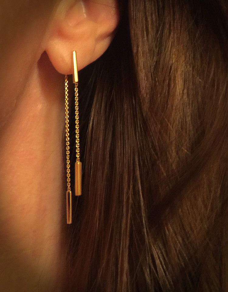 14K Gold Bar Front/Back Chain Stud Earrings | Avie Fine Jewelry