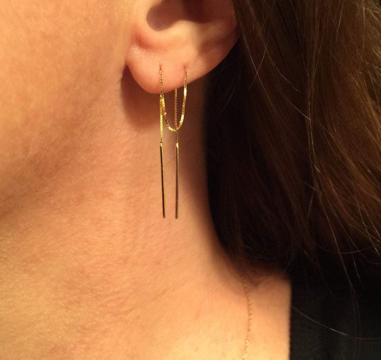 Balanced 14K Gold Double Bar Ear Thread Chain Earrings | Avie Fine Jewelry