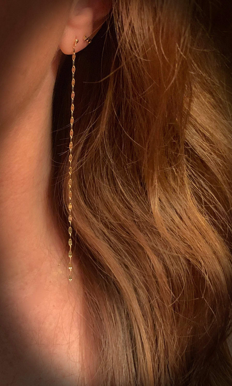 Long 14K Gold Tiny Sequin Chain Stud Earrings | Avie Fine Jewelry