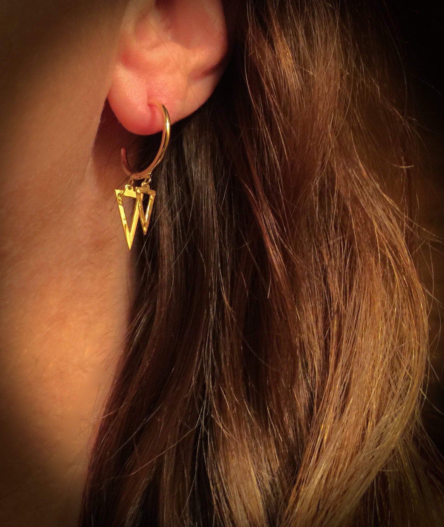 14K Gold Triangle Dangle Charm Hoop Earrings