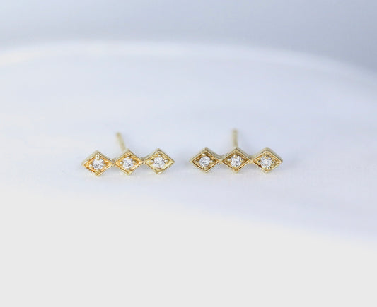 14K Gold Three Diamond Stud Earrings | AVIE Fine Jewelry