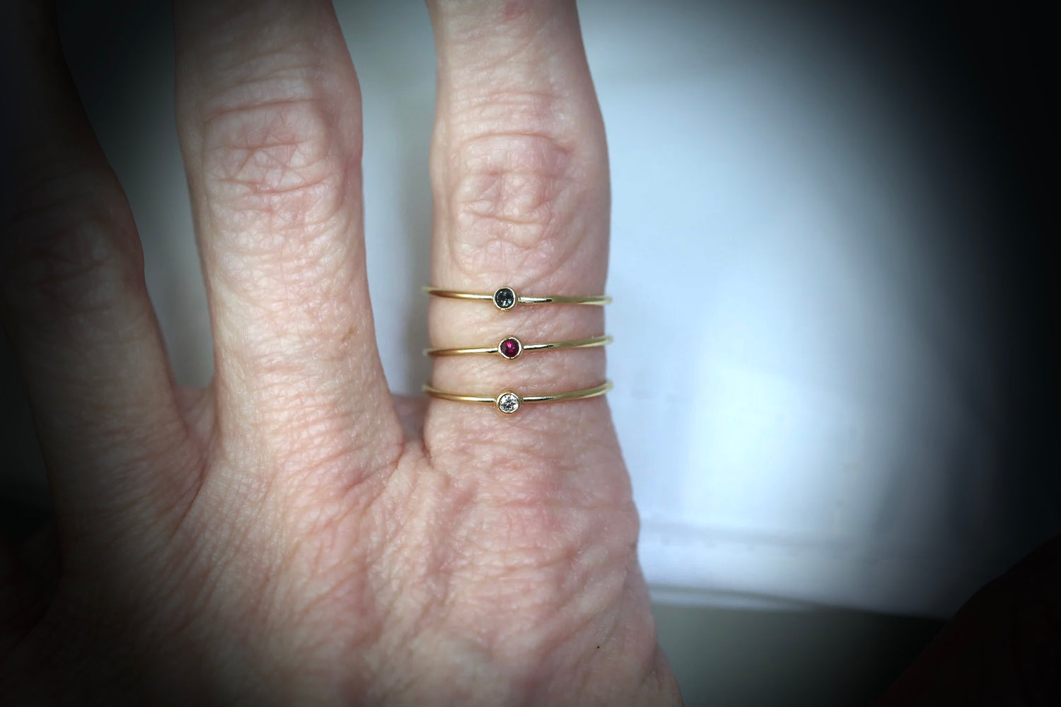 Tiny 14K Gold Gemstone Stacking Ring / Diamond, Black Diamond, Ruby | AVIE Fine Jewelry
