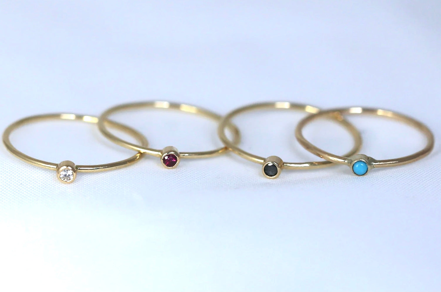 Tiny 14K Gold Gemstone Stacking Ring / Diamond, Black Diamond, Ruby, Turquoise | AVIE Fine Jewelry