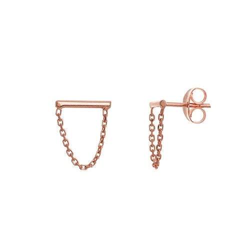 14K Rose Gold Tiny Staple Stud Earrings Drape Chain | Avie Fine Jewelry