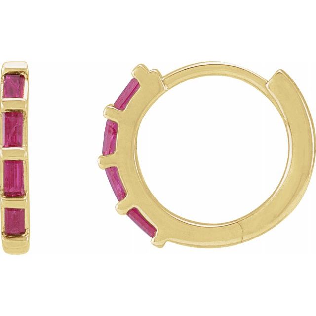 Tiny 14K Gold Baguette Ruby Huggies Hoop Earrings | AVIE Fine Jewelry